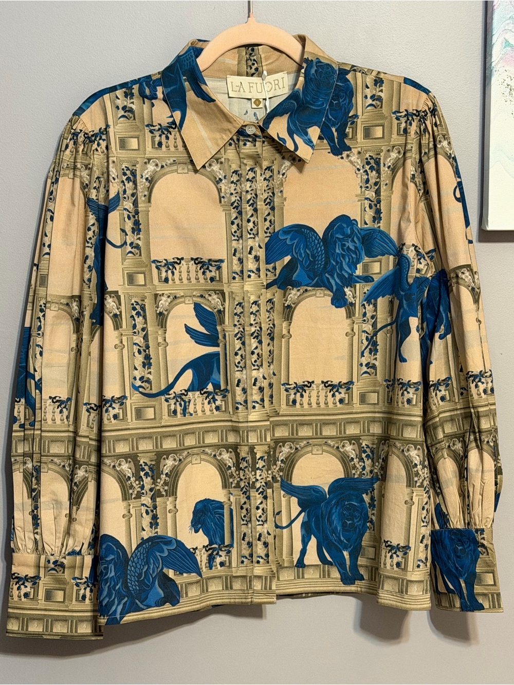RARE Là Fuori Beige & Blue Architectural Lion Print Cotton Shirt - S